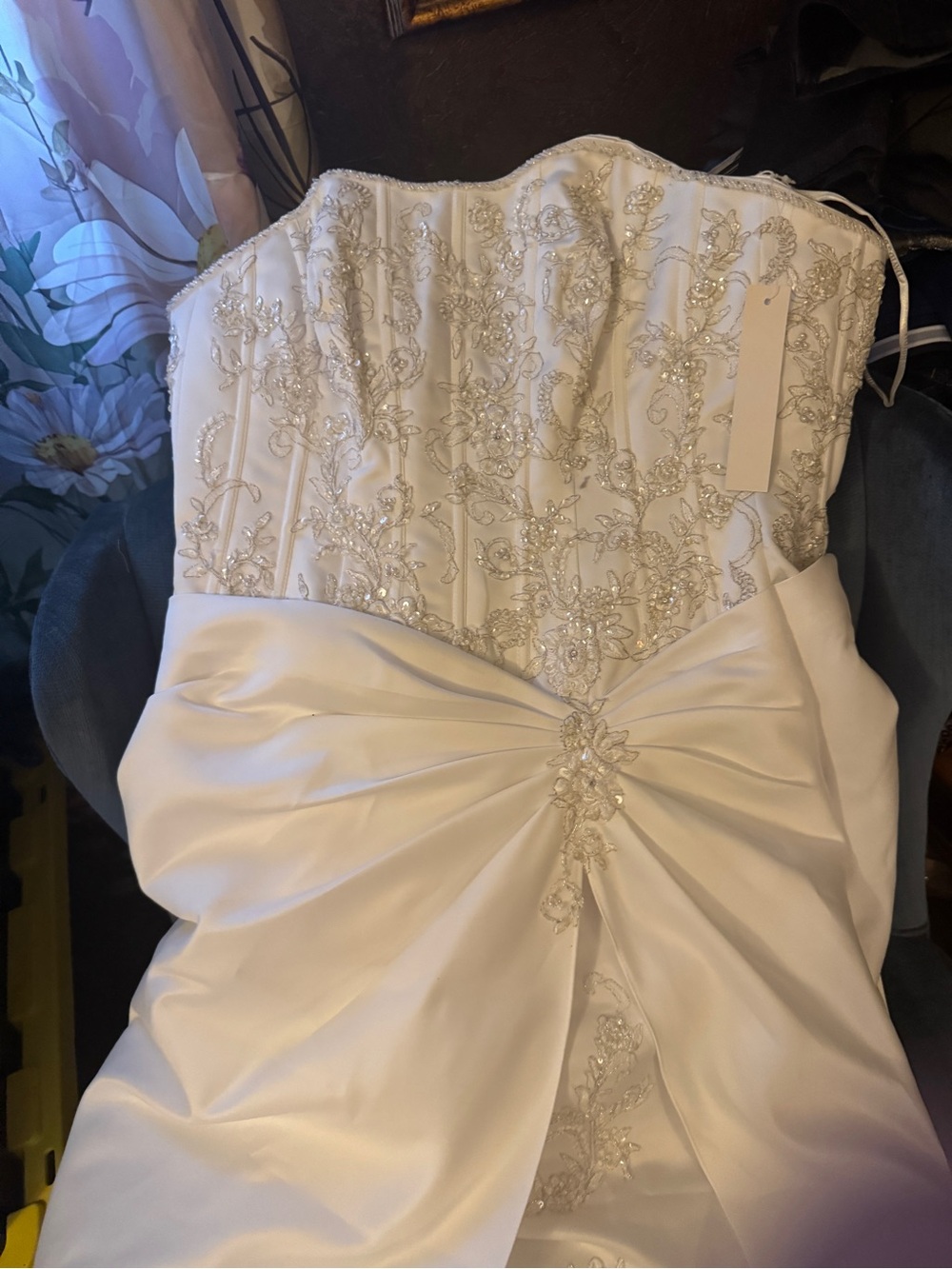 David's Bridal White Strapless Beaded Wedding Dress